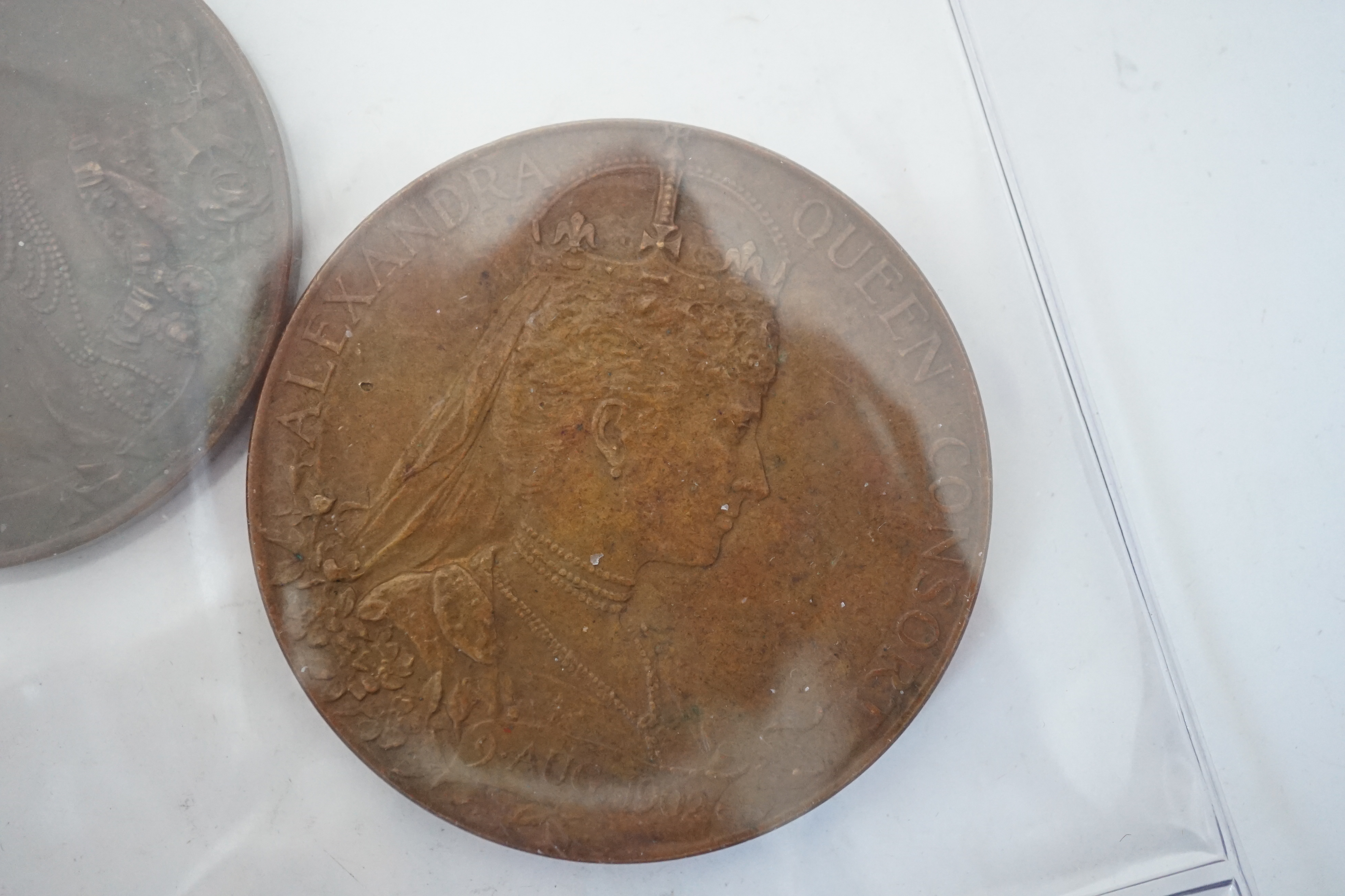 British Royal commemorative medals, Edward VII and Alexandra Queen Consort coronation silver medal 1902, about EF, ditto in bronze, toned EF, Victoria Diamond Jubilee bronze medal, EF and George V and Queen Mary coronati